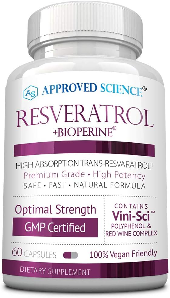 Resveratrol de Science® aprobado - 1000 mg de Trans Resveratrol - 250 mg de Polyphenol - 98% Nivel de pureza - Incluye Bioperine® - 60 cápsulas de amistad vegana - 1 botella