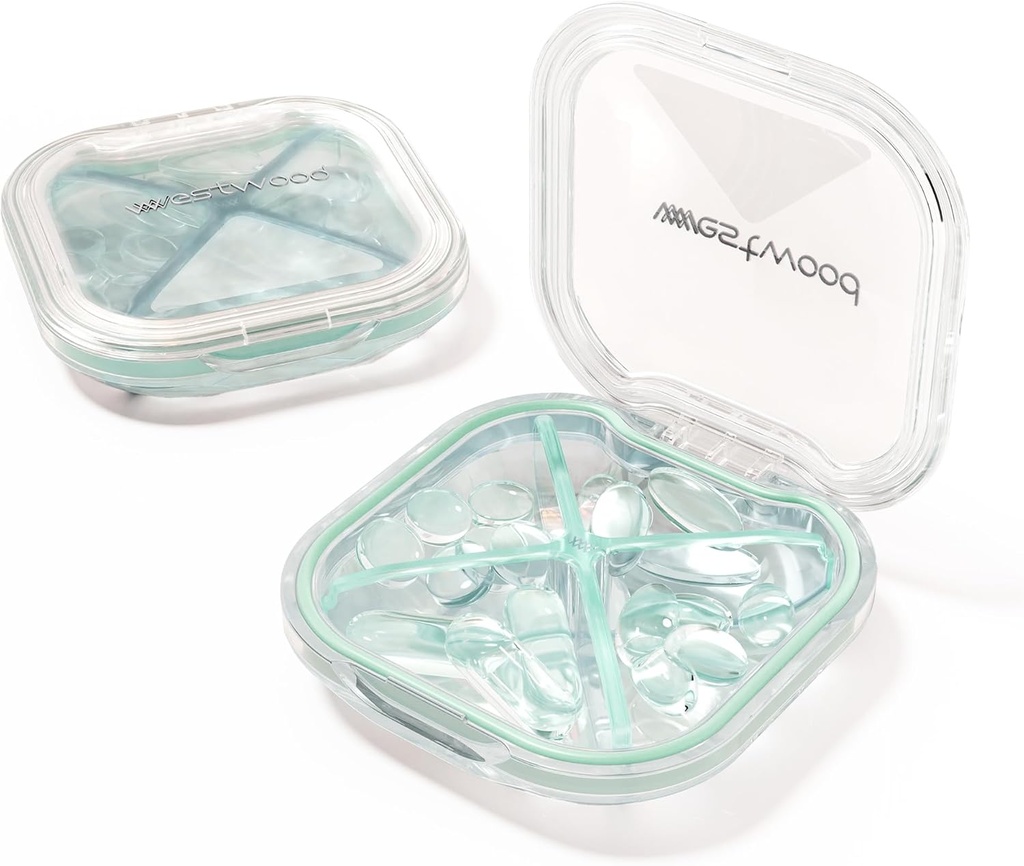 1 Pack Small Green Pill Organizer, 4 Compartments, Compact Stylish Cute Travel Camping Pill Box Daily Medicine Pill Case, Portable and Moistureproof to Store Vitaminas, Medicamentos y Suplementos