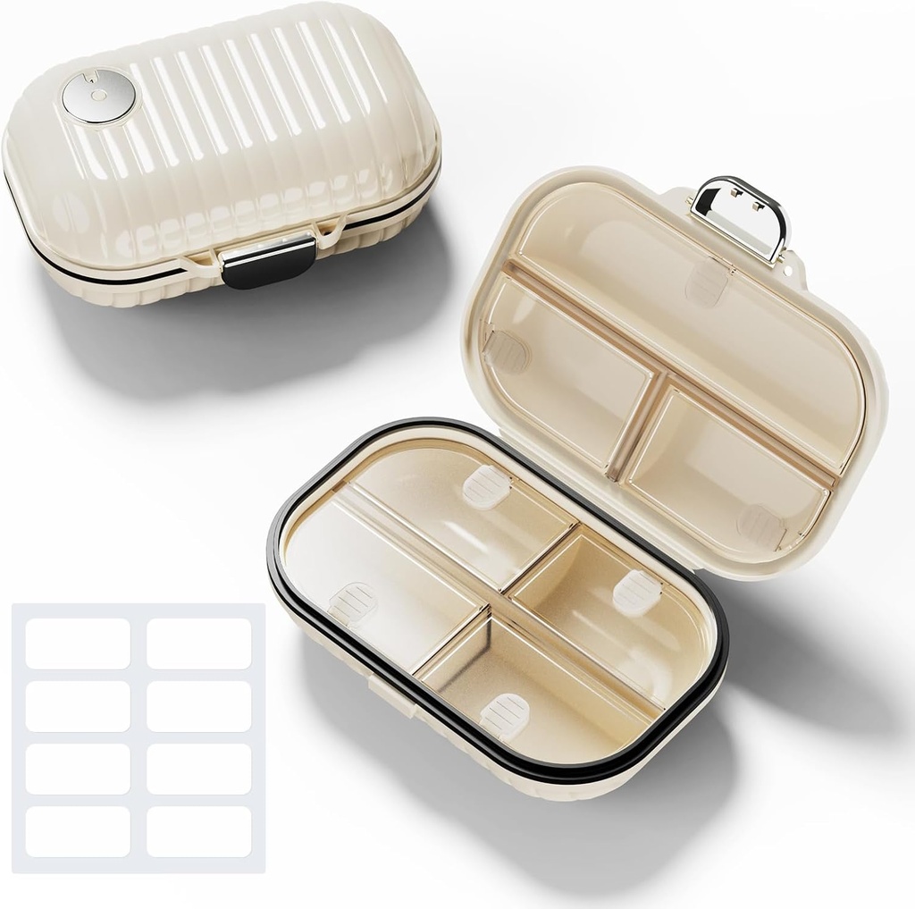 Organizador de píldoras de viaje con etiquetas, 7 compartimientos Caja de píldoras portátiles, caja pequeña de pill para el púrpura de bolsillo, Contenedor de píldoras de suplemento diario de vitaminas con el rastreador de medicina