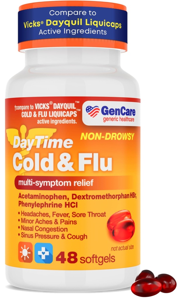 GenCare - Multi Symptom Non Drowsy Daytime Cold & Flu Relief Acetaminophen 325mg, Dextromethorphan HBr 10mg, Phenylephrine HCl 5mg (48 Softgels) Non Habit Forming Pain Reliever & Nasal Decongestant