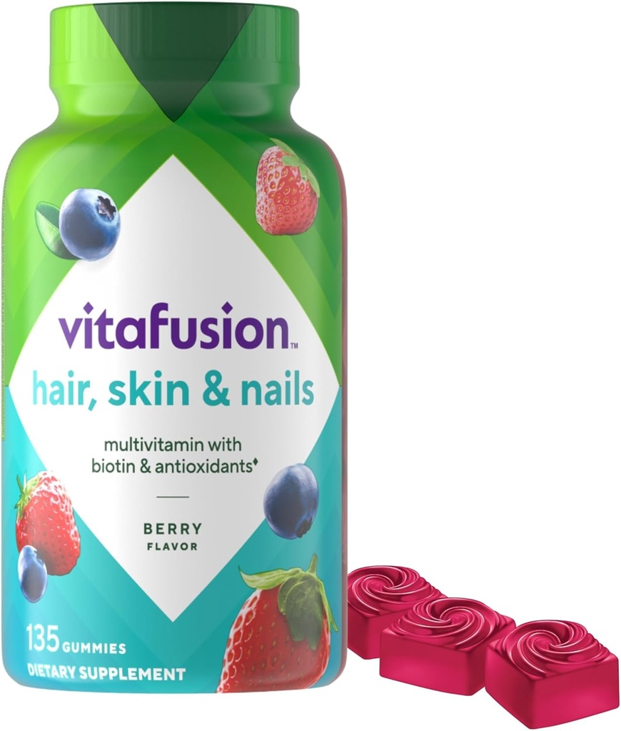Vitafusion Gorgeous Hair, Skin & Nails Multivitamin Gummy Vitaminas, más Biotina y Antioxidante vitaminas C PulE, Raspberry Flavor, 135ct (45 días de suministro), de América Número Uno Gummy Vitamina Brand