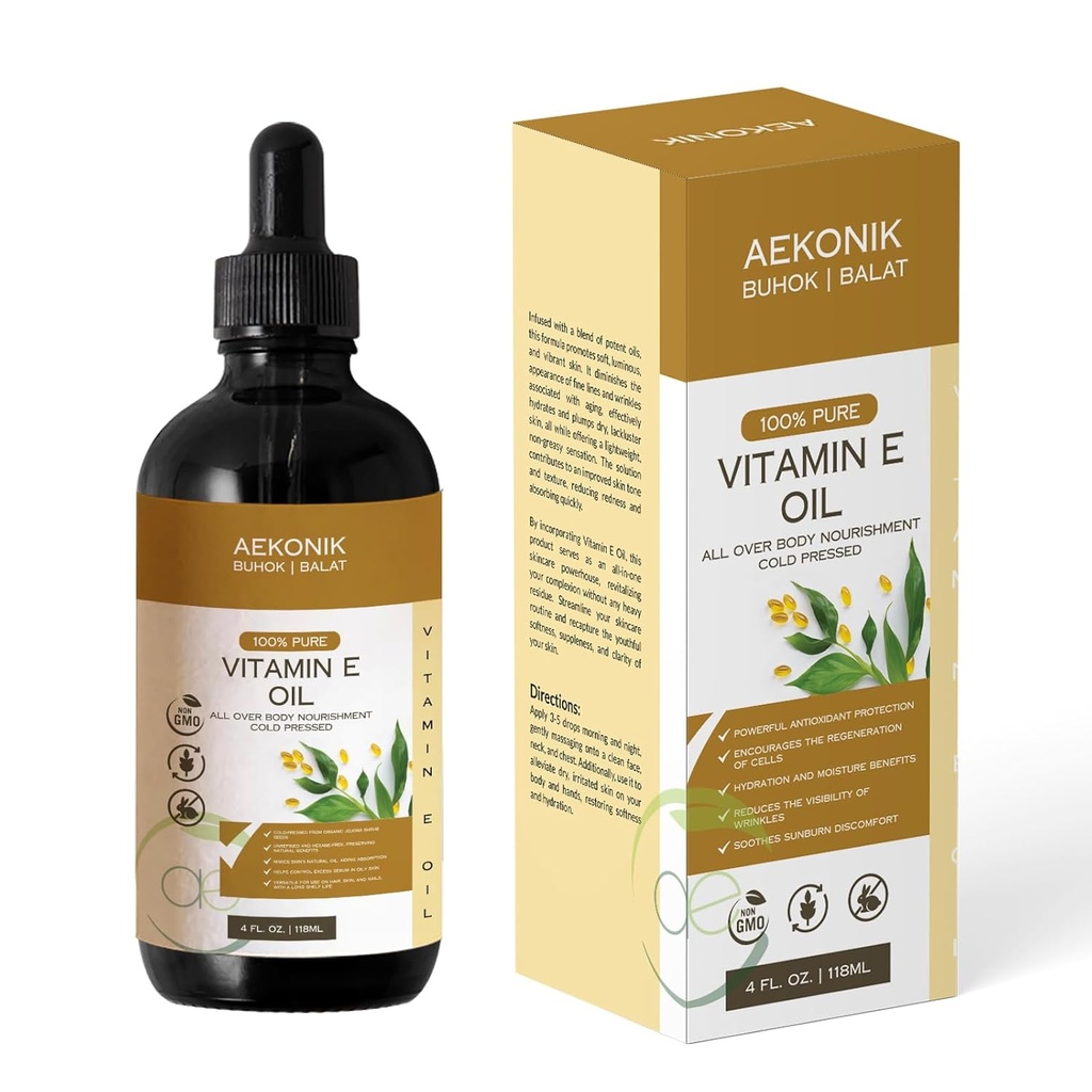 Aceite de vitamina E orgánica - Aceite de vitamina E esencial para cuidado corporal y cuidado de la piel - Botella de 4-Oz para la piel seca, arrugas, marcas de estiramiento, acné " anti- envejecimiento
