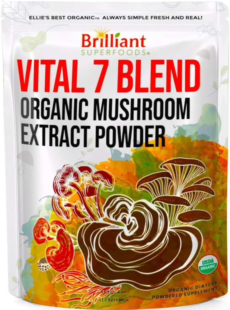 Ellie's Best 7 Mushroom Powder Extract Blend Supplement Organic 114 Servings High Potency Double Extracted Cordyceps, Reishi, Turquía Tail, Chaga, Lion's Mane - 4oz