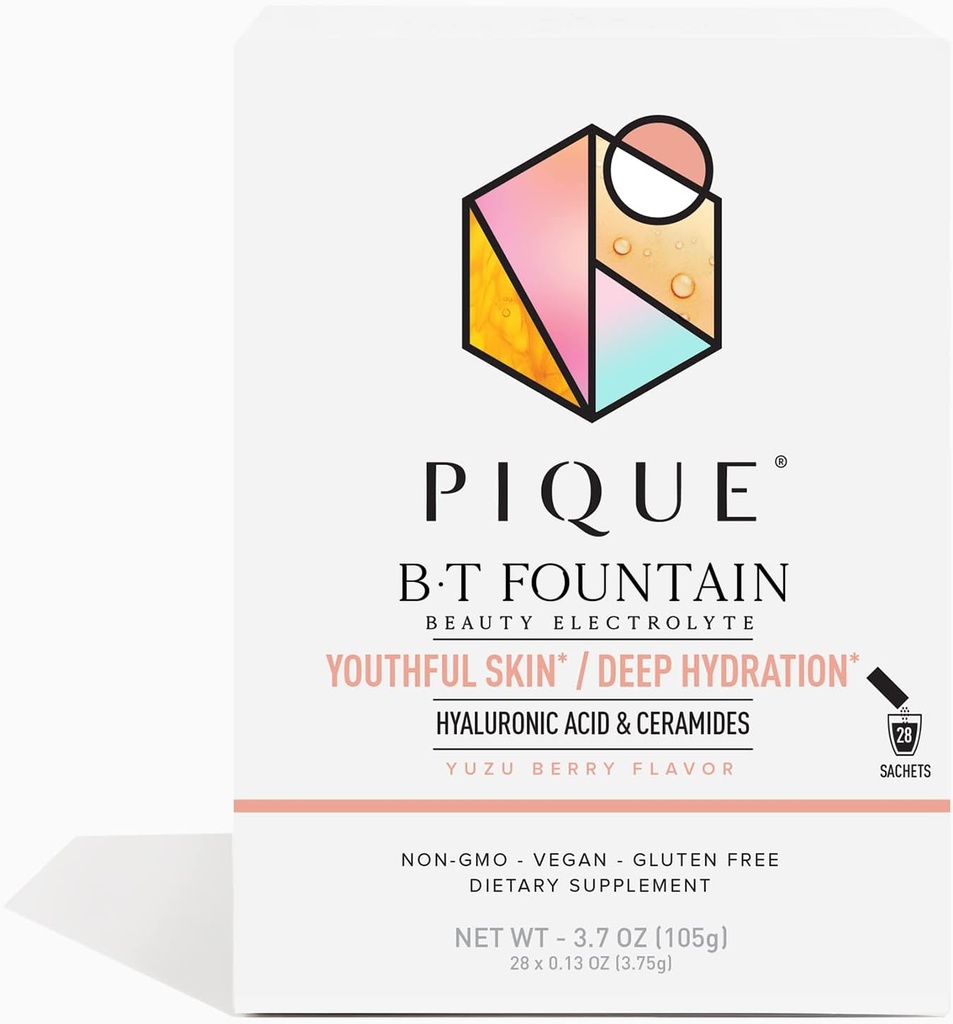 PIQUE BT Fountain Beauty Electrolyte Powder - Paquetes de Polvo Hidratante con ácido hialurónico, Ceramidas, Magnesio para Hidratado, Esquí Elástico - No Añadido Sugar - 28 Single Serve Sticks (Pack of 1)