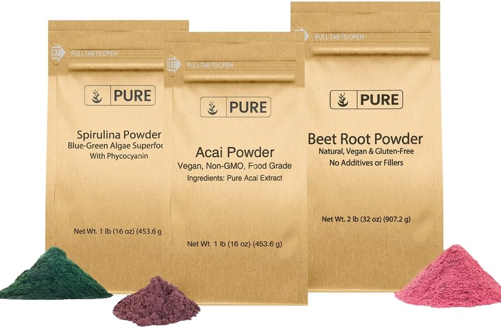 PURE Original INGREDIENTS Beet Root, Spirulina y Acai Powder Bundle, Diversos tamaños, No GMO, Suplementos Herbales