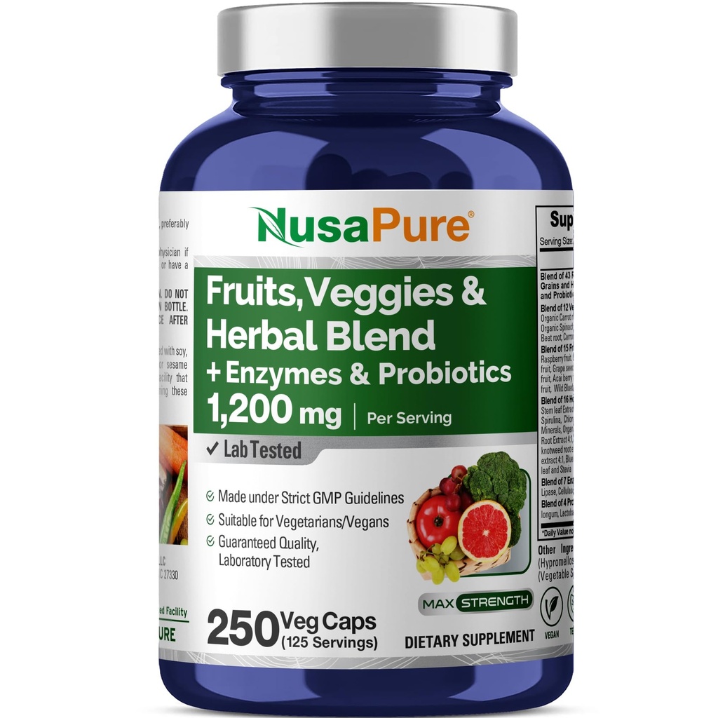 NusaPure Fruits and Veggies Supplement 1200 mg 250 Capsules - 43 Frutas & Verduras,11 Enzymes, Probiotics (Vegan/Vegetarian, Non-GMO)