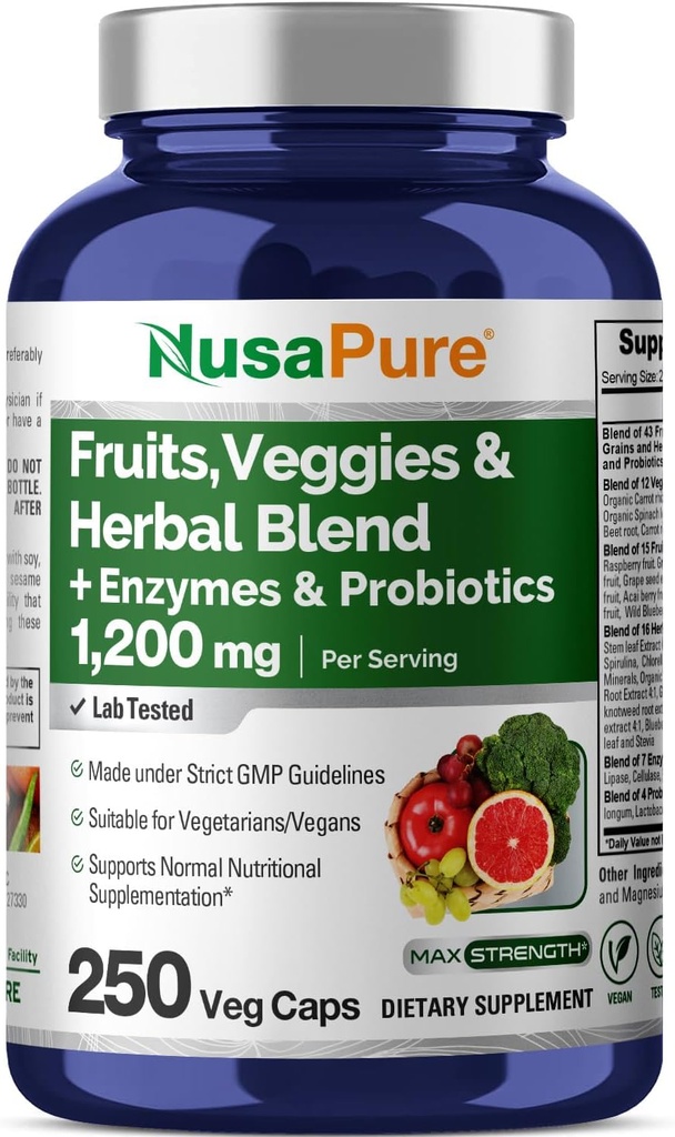 NusaPure Fruits and Veggies Supplement 1200 mg 250 Capsules - 43 Frutas & Verduras,11 Enzymes, Probiotics (Vegan/Vegetarian, Non-GMO)