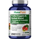 NusaPure Fruits and Veggies Supplement 1200 mg 250 Capsules - 43 Frutas & Verduras,11 Enzymes, Probiotics (Vegan/Vegetarian, Non-GMO)