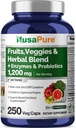 NusaPure Fruits and Veggies Supplement 1200 mg 250 Capsules - 43 Frutas & Verduras,11 Enzymes, Probiotics (Vegan/Vegetarian, Non-GMO)