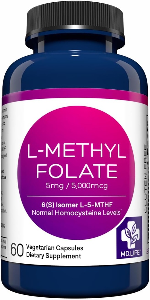 MD Life L-Methylfolate 5 mg Suplemento - Professional-Grade Active L Methylfolate Suplemento - 60 cápsulas - L-Methylfolate 5mg - Maximum Potency MTHFR W/Essential Amino Acids