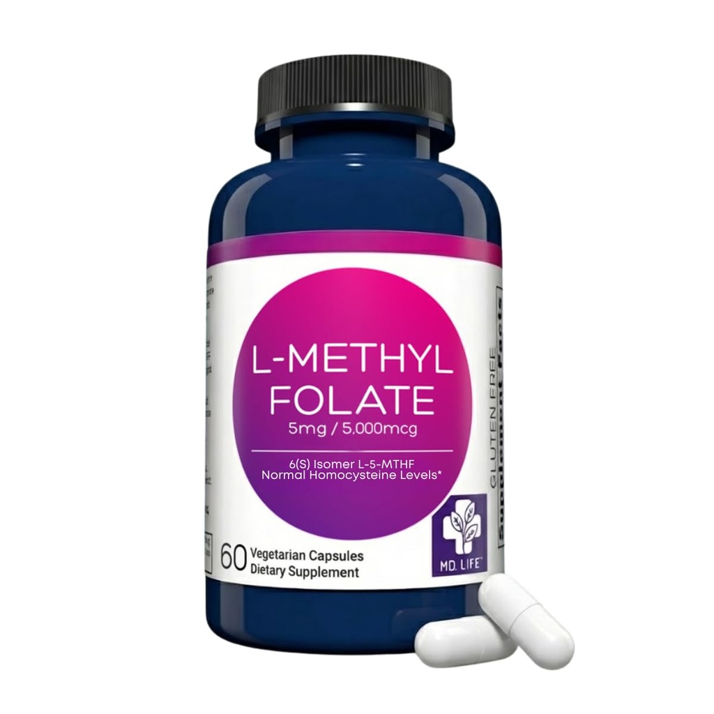 MD Life L-Methylfolate 5 mg Supplement - Professional-Grade Active LMethylfolate Supplement - 60 Capsules - L-Methylfolate 5mg - Maximum Potency MTHFR W/Essential Amino Acids
