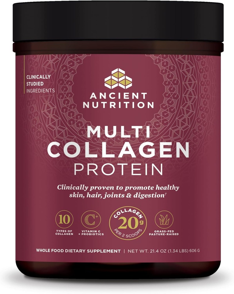 Péptidos de Collagen de Nutrición Antigua Polvo, Proteína Multi Collagen, Hombres Mujeres, Vitamina C, Probióticos, Collagen Hidrolyzed, Soporta Skin, Juntas, Salud Gut, Desflavorado, 60 Servimientos