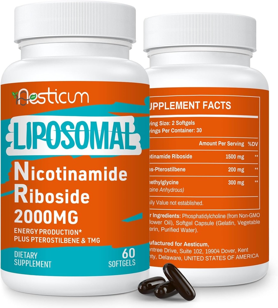2000 MG Liposomal Nicotinamide Riboside Suplemento con TMG & Pterostilbene, High Bioavailability NAD+ Suplemento de Boosting, Superior a Niacinamide for Energy, Immunity, Age Resistance, 120 Softgels