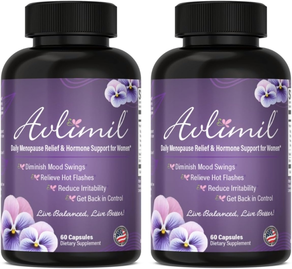 Equilibrio de hormonas Avlimil® " Menopause tóxico Alivio de Mood Swings, Hot Flashes, Night Sweats e Irritability - Isoflavones, Black Cohosh, Raspberry, Valerian, Sage, Red Clover, Lemon Balm - 2 Mes