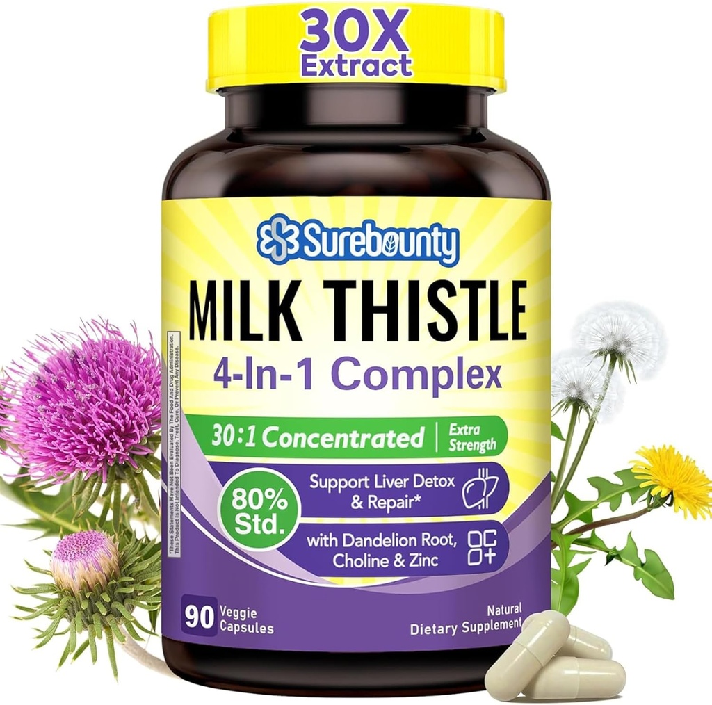 Complejo de esteto de leche 4-en-1, 9000 mg Fuerza, Extracto de semillas concentrado de 30X, con Dandelion, Choline, Zinc, Suplementos de hígado graso, soporte para hígado, no GMO, 90 cápsulas de verduras, 3 meses de suministro