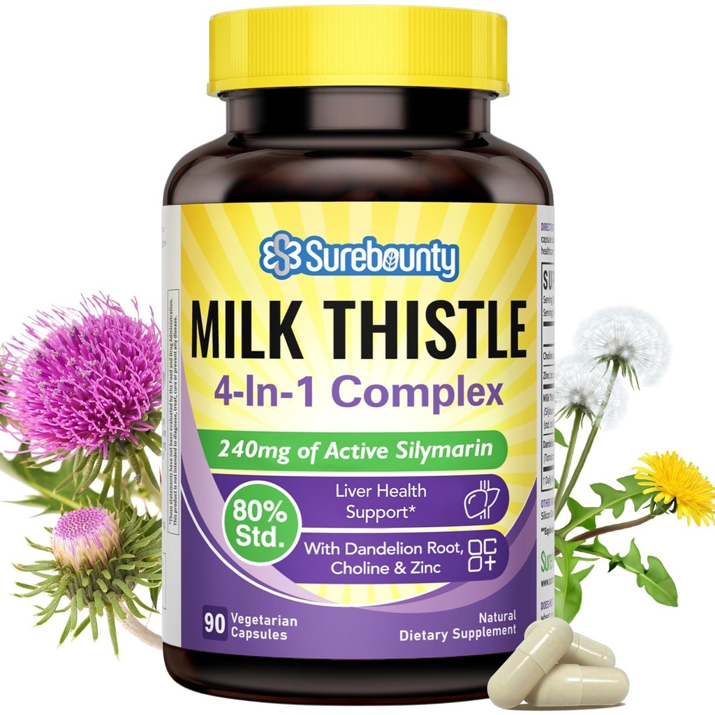 Complejo de esteto de leche 4-en-1, 9000 mg Fuerza, Extracto de semillas concentrado de 30X, con Dandelion, Choline, Zinc, Suplementos de hígado graso, soporte para hígado, no GMO, 90 cápsulas de verduras, 3 meses de suministro