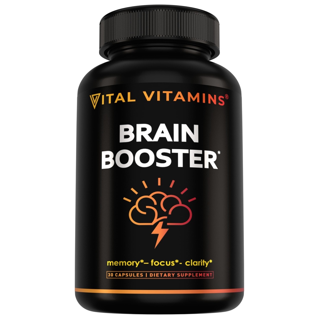 Vitaminas Vitales Suplementos cerebrales con Bacopa Monnieri - para la memoria y el foco - Booster cerebral nootropico - Soporte libre de cafeína para adultos mayores – No GMO, 30-Day Supply, 30 cápsulas