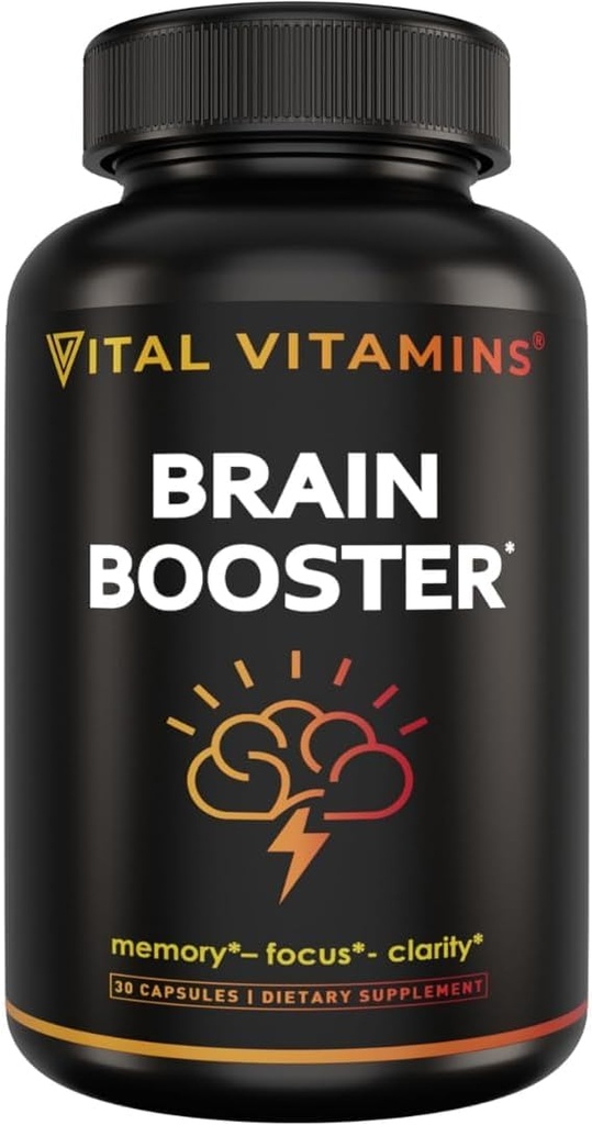 Vitaminas Vitales Suplementos cerebrales con Bacopa Monnieri - para la memoria y el foco - Booster cerebral nootropico - Soporte libre de cafeína para adultos mayores – No GMO, 30-Day Supply, 30 cápsulas