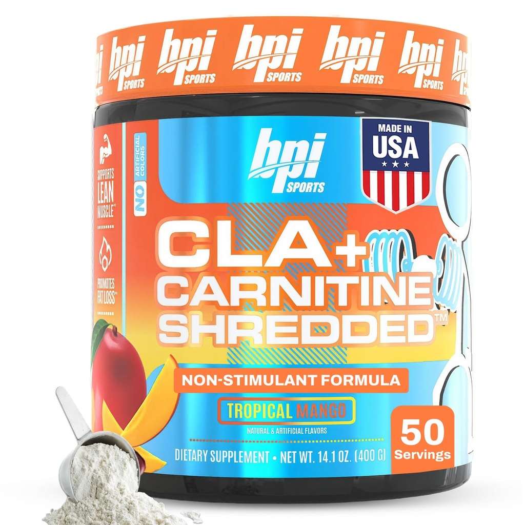 BPI Sports CLA + Carnitine Shredded - Convertir Fat Cells Into Energy and Supports Lean Muscle, Boost Metabolism - Suplemento L-Carnitine no estimulante - Mango tropical (14.1 oz. / 50 Servings)