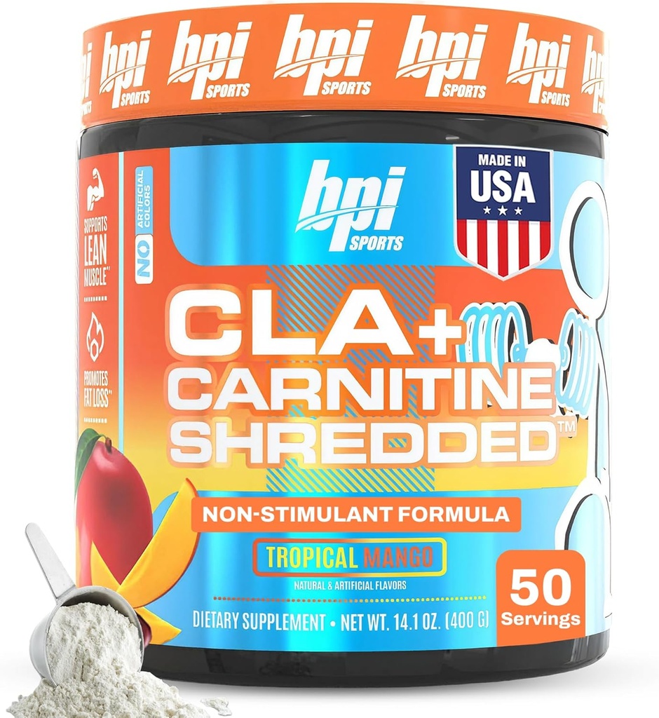 BPI Sports CLA + Carnitine Shredded - Convertir Fat Cells Into Energy and Supports Lean Muscle, Boost Metabolism - Suplemento L-Carnitine no estimulante - Mango tropical (14.1 oz. / 50 Servings)