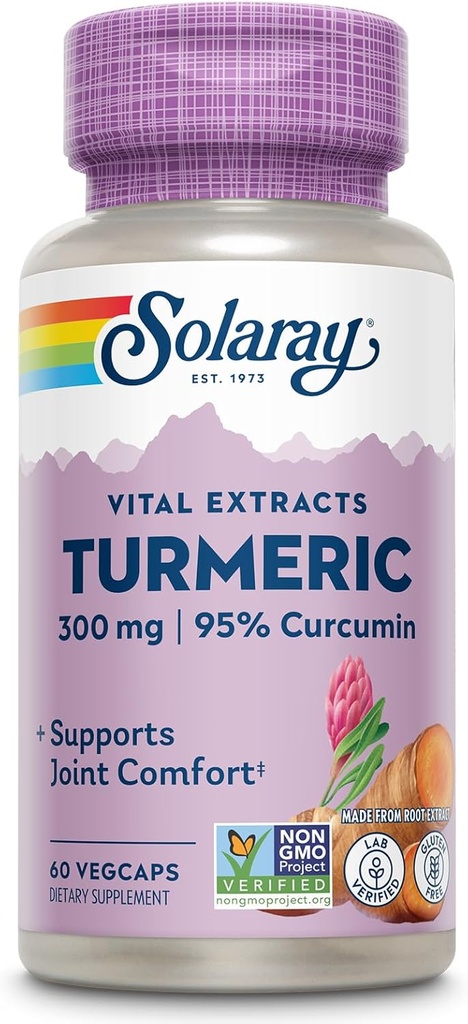 SOLARAY Turmeric Supplement 300 mg - Turmeric Root Extract with 95% Curcumin - Joint Support Supplement for Joint Health and Comfort - Non-GMO, Vegan, Gluten Free, 60-Day Guarantee, 60 Servings
