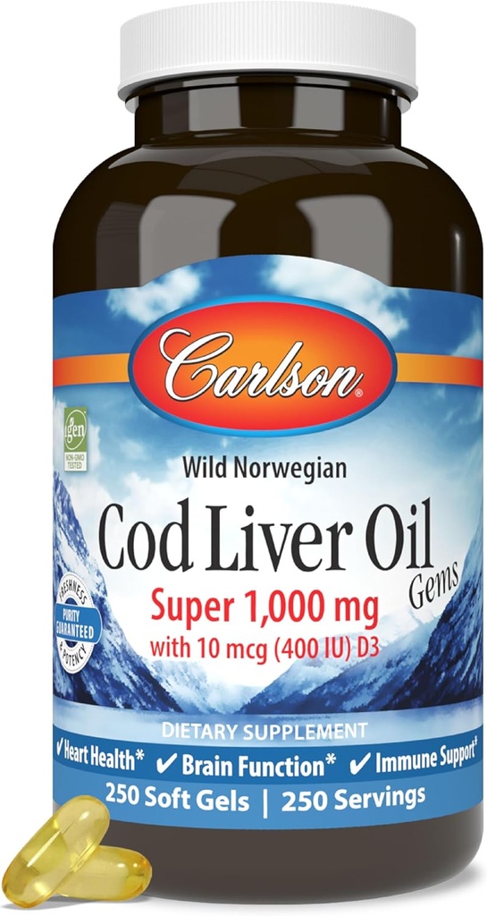 Carlson - Cod Liver Oil Gems, Super 1000 mg, 250 mg Omega-3, 400 UI (10 mcg) Vitamina D3, Wild Caught Norwegian Arctic Cod Liver Oil, Nordic Fish Oil Capsules, 250 Softgels