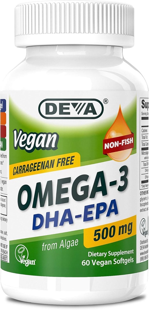DEVA Vegan Omega-3 DHA-EPA 500MG – No Carrageenan, Aceite no Fish derivado de Algae, No GMO, 60 Softgels libres de gelatina