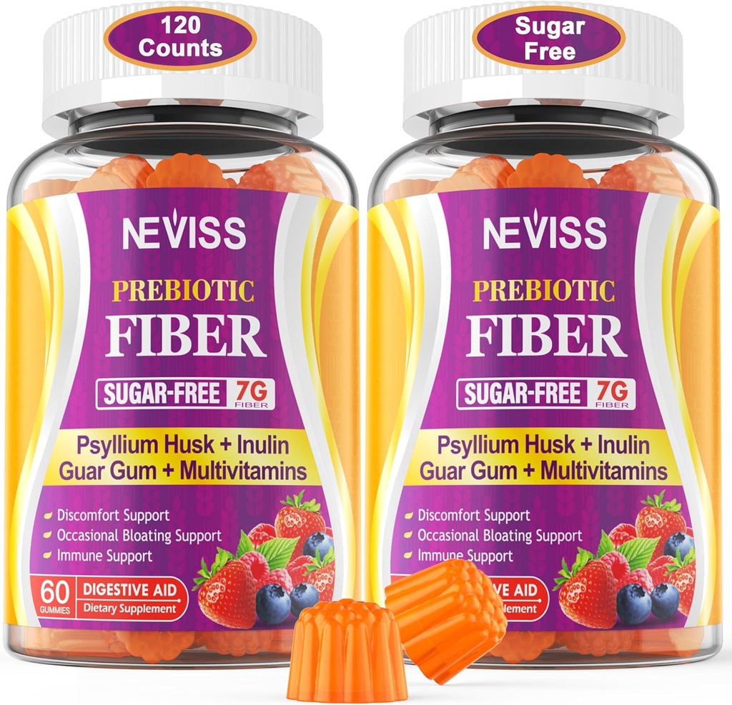 Gummies de fibra para adultos con husk de Psyllium, 7G(Soluble + Insoluble) Fibra prebiótica diaria con inulina, FOS, Guar Gum, Multivitaminas para la salud digestiva diaria, soporte de regularidad,Sugar Gratis,Pack de 2