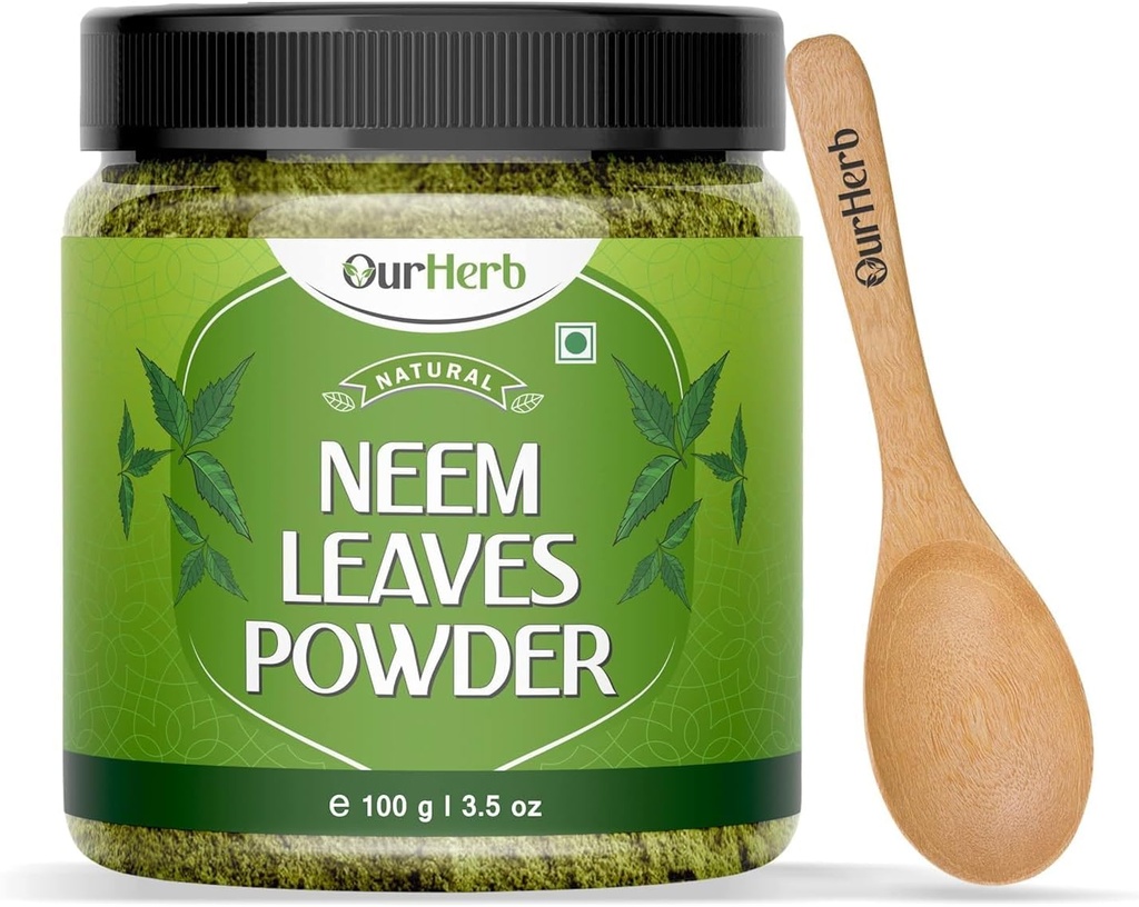 Neem Leaves Powder Natural Solution for Pimple-Free Clear Skin & Silky Hair, Ideal para Face Packs, Hair Care y Pigmentation Support with Wooden Spoon – 100g  durable 3.5 Oz