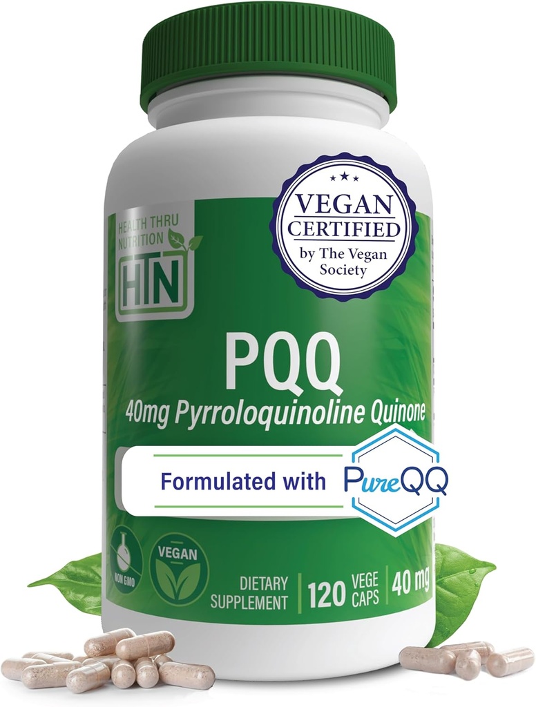 Health Thru Nutrition PQ 40mg 120 Servings Pyrroloquinoline Quinone as PureQQQ ← Mitocondrial Biogenesis ← Certified Vegan ← Non-GMO Gluten Soy Free Capsules Tortura Clean Label PQQ Suplemento