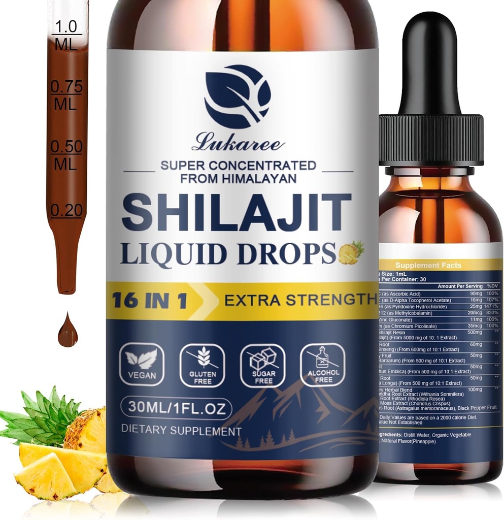 16 in 1 Shilajit Resin Liquid Drop, Shilajit W/Ginseng, Turmeric, Rhodiola, Wolfberry, Amla &amp; Vitaminas, Shilajit Supplement for Men &amp; Women with 85+ Trace Minerals " Fulvic Acid, 1 Fl Oz