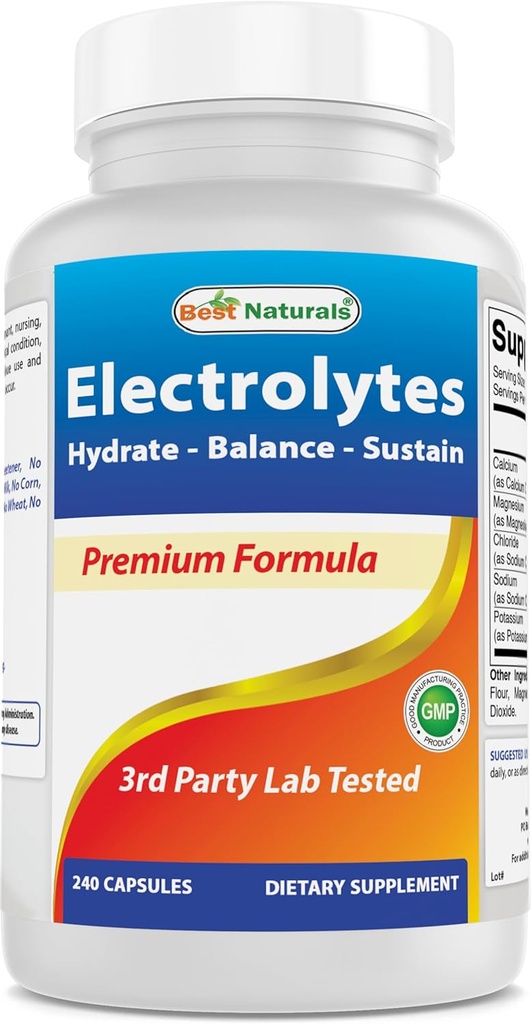 Los mejores electrolitos naturales Hydrate-Balance- Sustain Premium Fórmula 240 cápsulas. Gluten Free and Non-GMO.