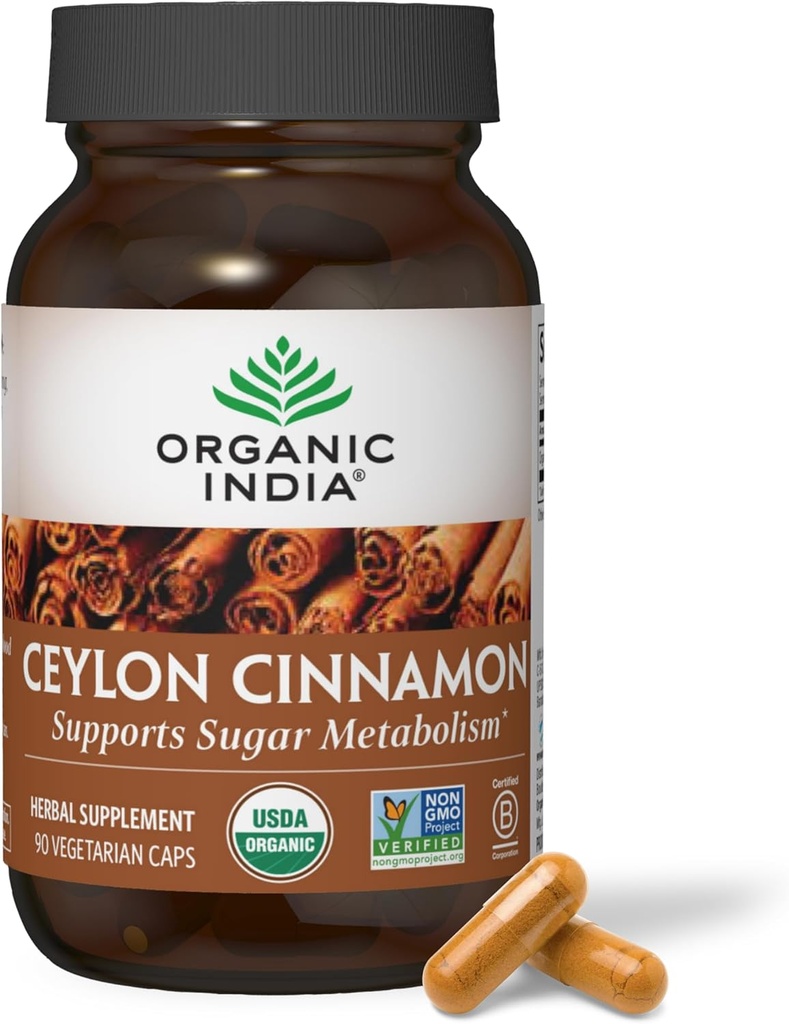 ORGANIC INDIA Ceilán Suplemento de canela - Cápsulas de Ceilán Orgánico, Cápsulas de Canela Suplemento Herbal, Digestión de Apoyo, Fuente de Antioxidantes, USDA Orgánico, Vegan, Libre de Gluten - 90 Cápsulas