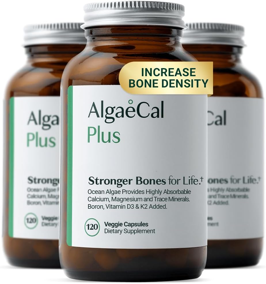 ALGAECAL Organic Red Algae Calcium Supplement for Bone Density & Strength, Vitamin K2 MK7 (100mg), Vitamin D3 (1600 IU), Magnesium (350mg) & Trace Minerals, Easy to Swallow, 120 Veggie Caps
