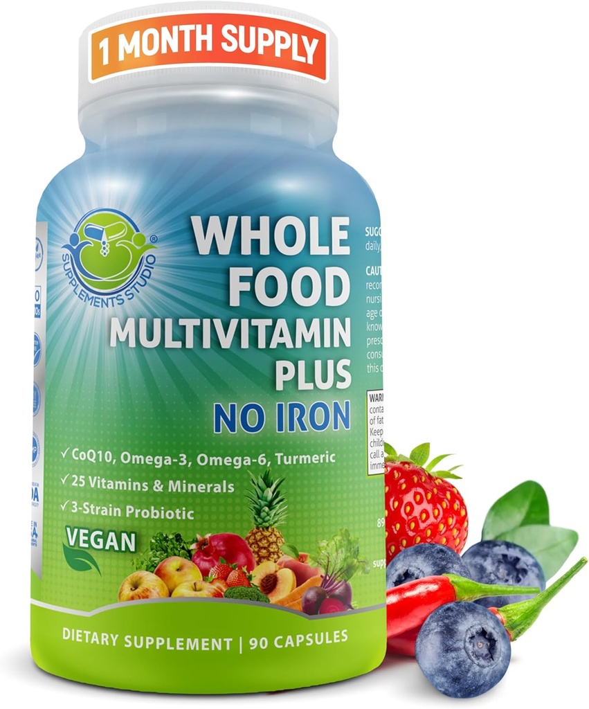 Vegan Whole Food Daily Multivitamin Sin Hierro, Multivitamínico Metilizado para Mujeres y Hombres, Hecho con Frutas & Verduras, B-Complex, Probióticos, Enzimas, CoQ10, Omegas, Turmérico, No GMO, 90 Cuenta