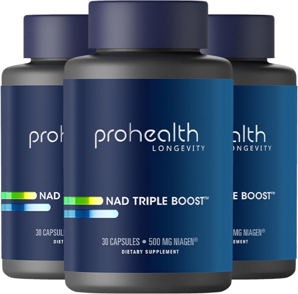ProHealth NAD Triple Boost. 3X NAD+ Optimizador. Doctor Formulado, Suplemento de Fuerza Extra, Incluye 500 mg Niagen Nicotinamide Riboside NR (El Ingrediente Activo en NMN) 30 Actuaciones (3 Pack)