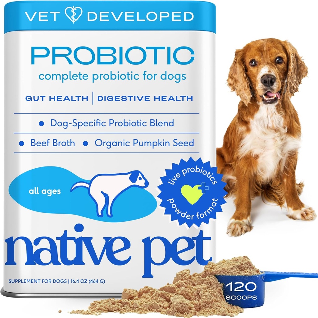 Probióticos nativos para perros - Probióticos para perros Polvo para la salud digestiva, Gut Support, &amp; Immune Boost – Polvo formulado para potencia máxima con enzimas digestivas " Prebióticos - 120 Scoops