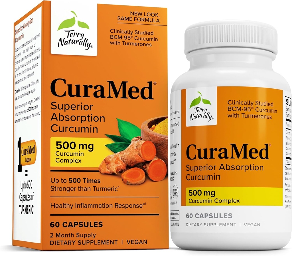 Terry Naturalmente CuraMed 500mg - Suplemento Antioxidante para Cerebro &amp; Immune Health Support - Suplemento con Curcumin & Turmeric Essential Oil - Herbal Liver Support - 60 Softgels