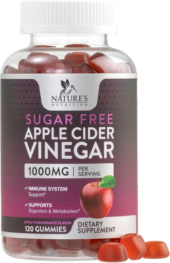 Manijas de vinagre de manzana para pérdida de peso 1000mg - Gummy de vinagre de manzana vegano para Detox &amp; Cleanse, píldoras de suplemento ACV, vitamina B12, azúcar libre de ACV Gummy, no GMO, nutrición de la naturaleza - 120 Gummies