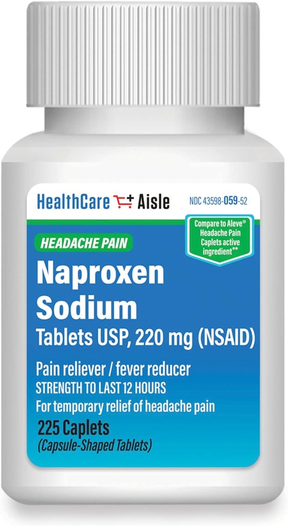 HealthCareAisle Naproxen Sodium, 220 mg - 225 caplets - Headache Pain Reliever, Hasta 12 horas de alivio
