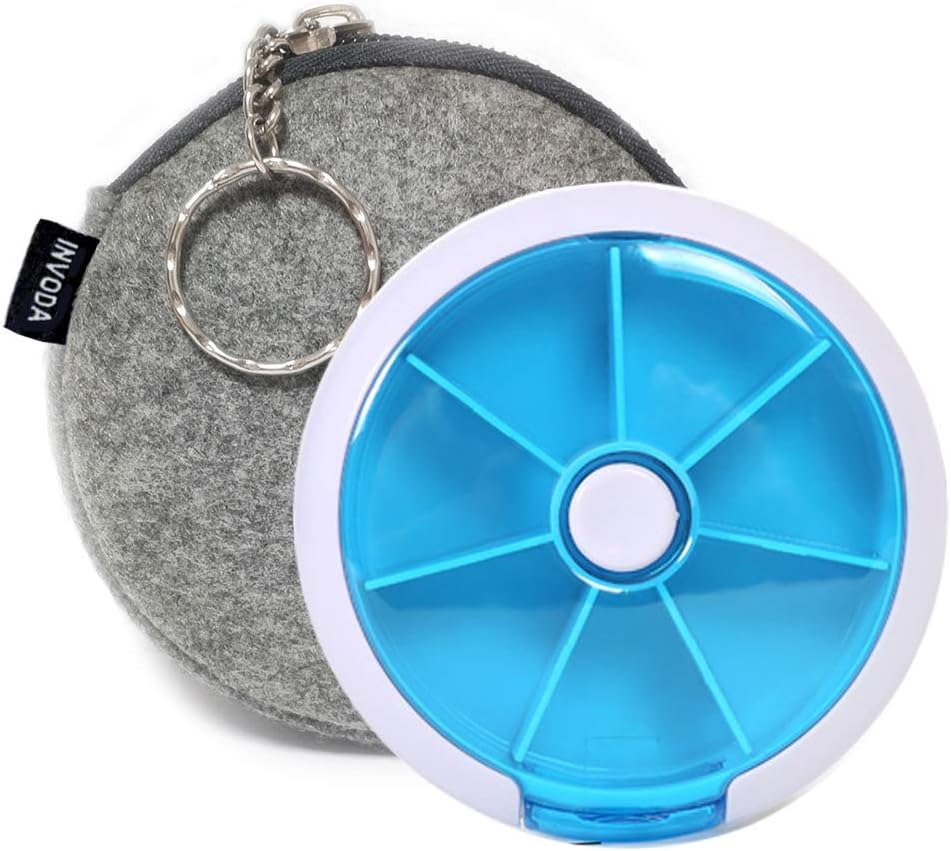 Pill Cases Organizador semanal de píldoras INVODA 7 Día 3 Tiempos Dispensador de píldoras Empujador de botón girar Planificador con 7 Compartimientos (Blue+Bag)