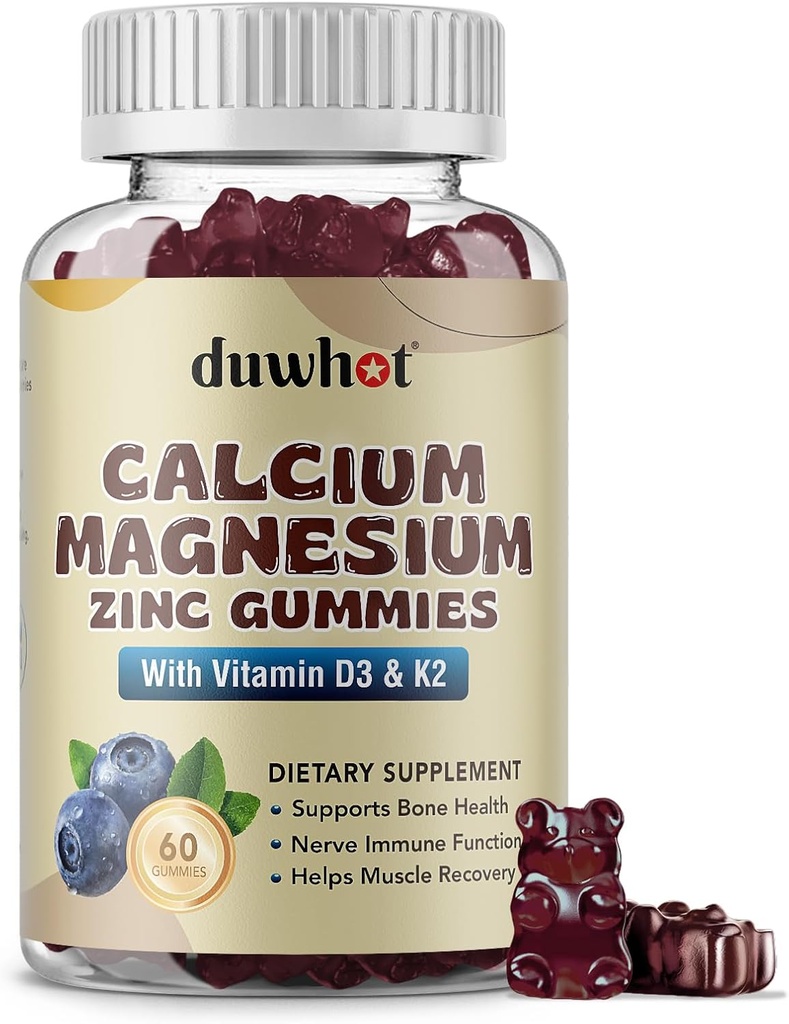 Calcium Magnesium Zinc Gummies for Women, Chewable Calcium Supplement 1000 mg Vitamin D3 & K2, Bone & Nerve Health, Muscle Function, Immune Support & Stress Relief, Blueberry Flavor, 60 Ct