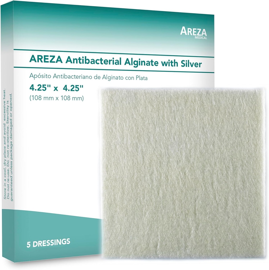 Areza Plata Calcio Alginate Antibacterial Wound Dressing Pads – Sterile, Non-Stick, Highly Absorbent; for Wound Drainage & Infection Risk (4.25′×4.25′′′′, 5-Pack per Box), 1 Box