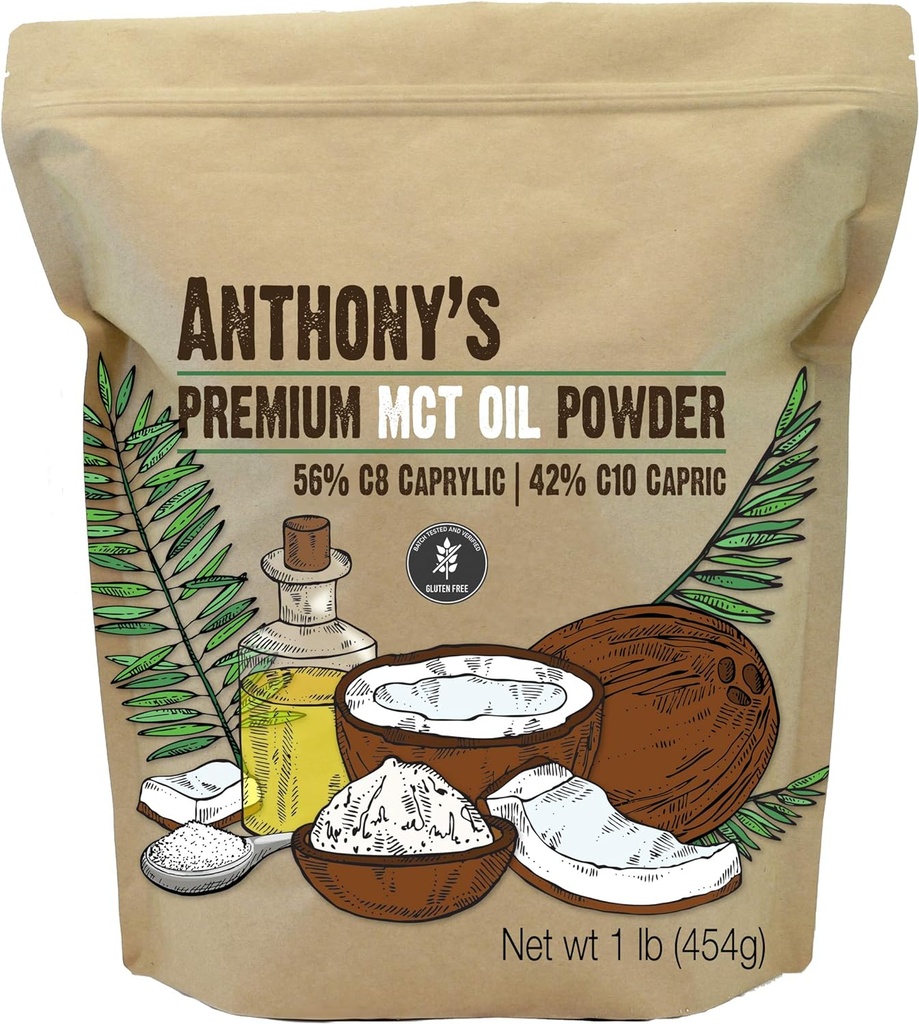 Anthony MCT Premium Oil Powder 56% C8 Caprylic, 42% C10 Capric, 1 lb, Gluten Free, Non GMO, Keto Friendly
