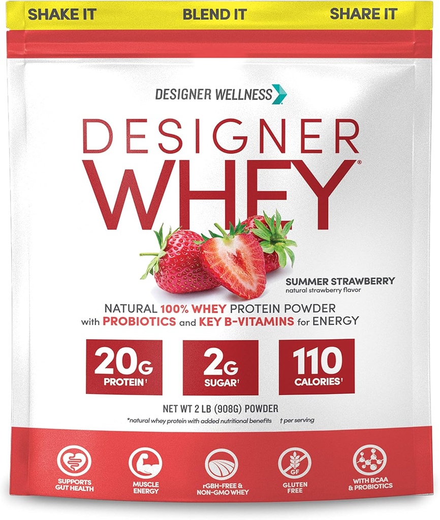 Designer Wellness, Designer Whey, Natural Whey Protein Powder con probióticos, fibra y clave B-Vitamins for Energy, Gluten-Free, Summer Strawberry, 2 lb