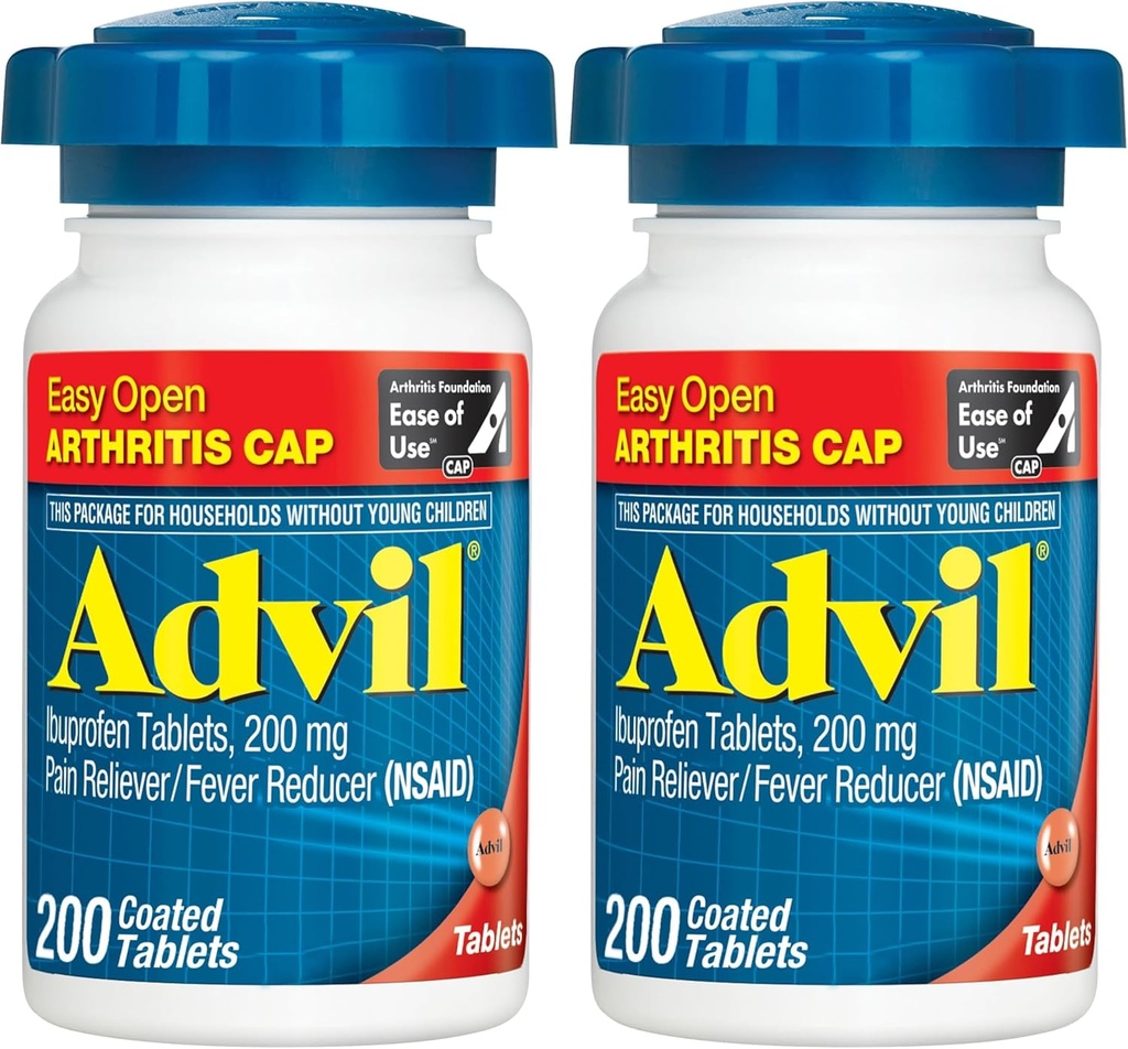 Alimentador de Dolor Advil y Reductor de Fiebre, Medicamento de Alivio de Dolor con Ibuprofeno 200 mg para Dolor Conjunto, Ache Musculo y Artritis Menor Alivio de Dolor - 200 Tabletas Coadas con Cap de Artritis Fácil Abierto