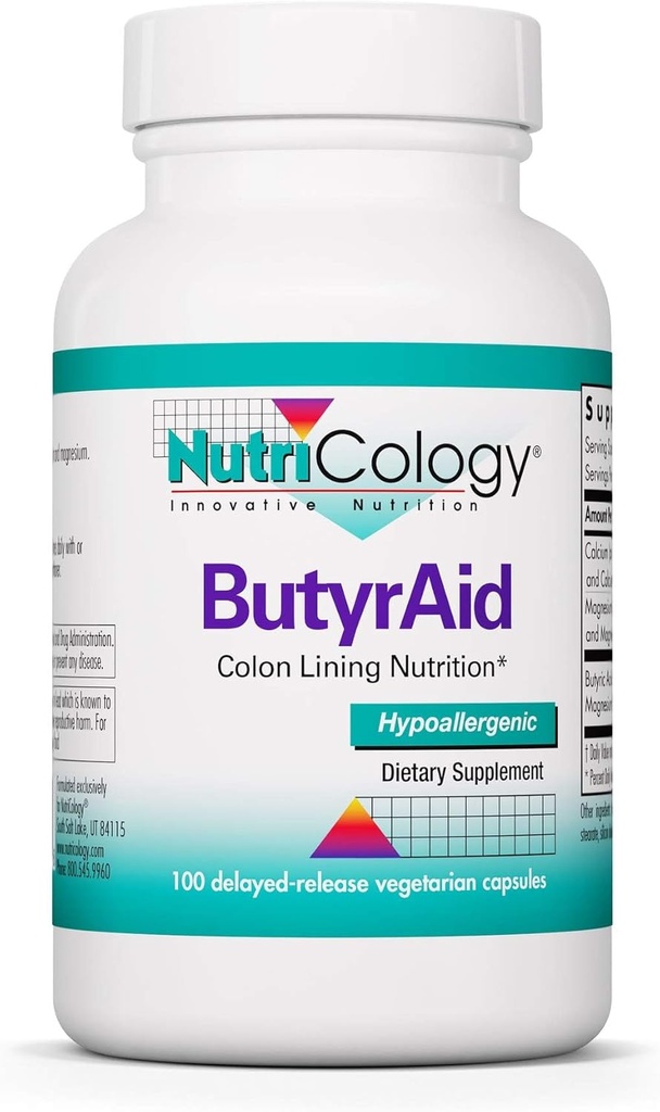 Nutricology ButyrAid Suplemento 200 mg - Butyrate, Gut Health, Butyric Acid, Tributyrin Complex, Colon Lining Nutrition, Postbiotics, Delayed-Release Vegetarian Capsules - 100 Cuenta
