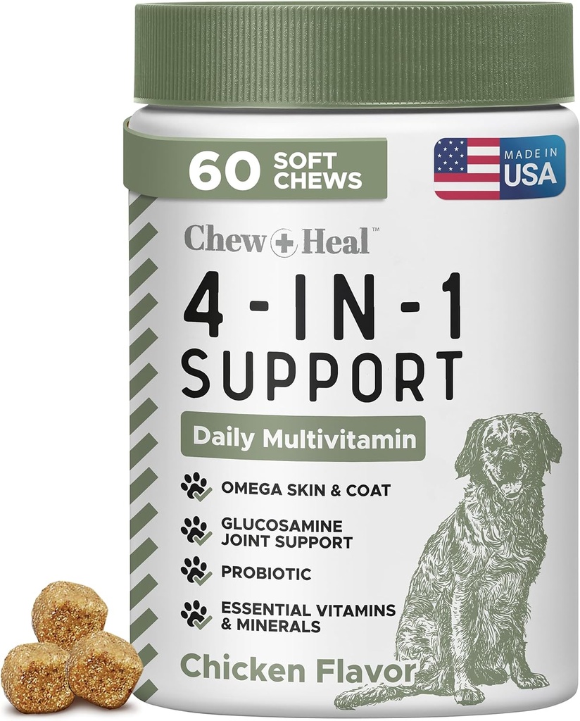 Todo en 1 Vitaminas y Suplementos de perros, 60 Multivitamínicos de cerda suave con Glucosamina, Probióticos, Petróleo de Pesca Omega -para la piel, la carne, la cadera, la salud conjunta de Gut -Senior, cachorro, perros pequeños