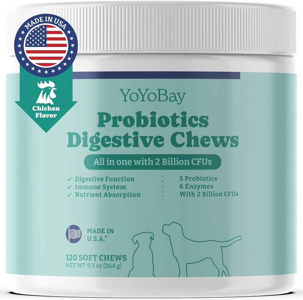 Probióticos para perros, probióticos de perros y prebióticos con enzimas, para la salud digestiva y el equilibrio de levadura, sistema de apoyo, sabor de pollo, 120 cerdas blandas