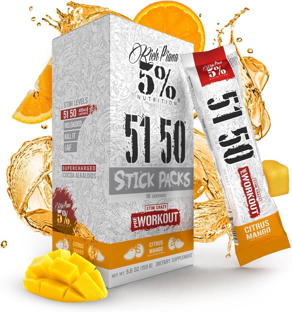 5% Nutrición Rich Piana 5150 High Stim Pre-Workout Powder Packets ← Extreme Energy, Focus, Pumps " Endurance TEN 513 mg Complejo cafeína, Citrulline, Beta Alanine, L-Tyrosine (Citrus Mango) (10 Conde)